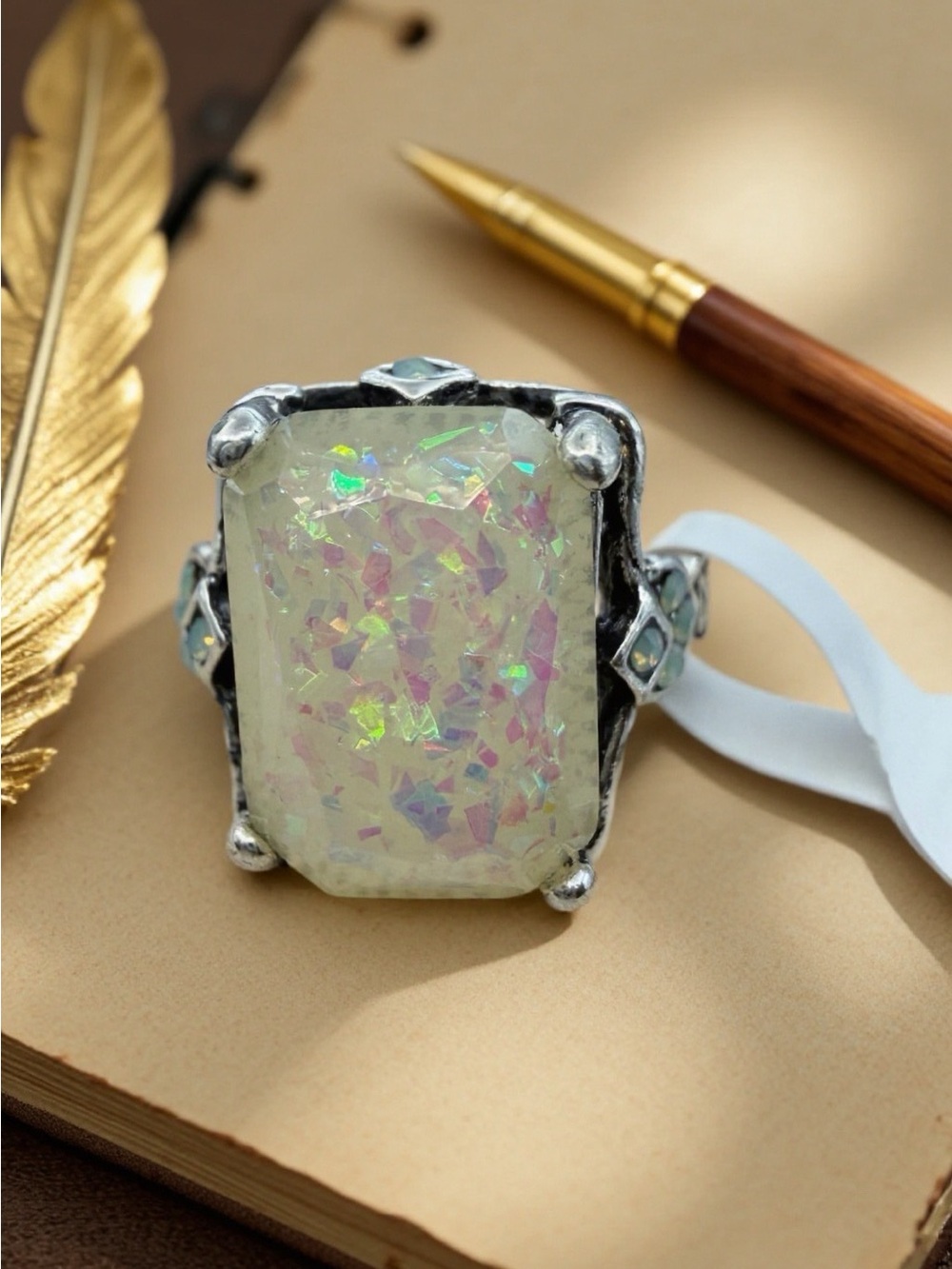 Silvery Rectangular Faux Opal Ring. sz 5.5  Silver Color